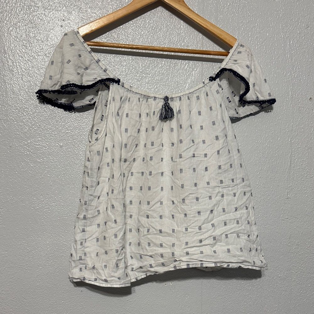Lucky Brand Tunic Ruffle Cap Sleeve Blouse White Bohemian Crochet Trim Beachy